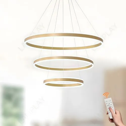 LAMPLAY Runde Moderne LED-Pendelleuchte, 3 Golden Ring-Kronleuchter, Dimmbar Mit Fernbedienung 3000K-6000K Deckenleuchte, Höhenverstellbar, Foyer, Wohnzimmer, Schlafzimmer, Esszimmer(Ø20+40+60cm)