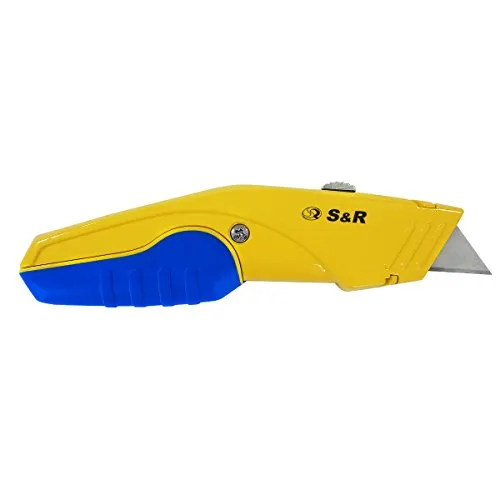 S&R Schnellwechssel Profi Teppichmesser/Cuttermesser 168mm, SK5 Klinge 3-stufig, Wechsel per Knopfdruck, 5 Klingen