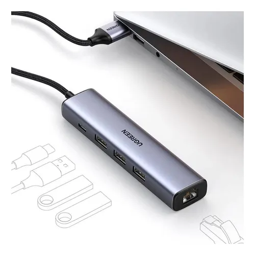 UGREEN USB Hub Ethernet Adapter mit 3 USB 3.0 Ports - USB Hub: 5 in 1 Adapter mit Gigabit Ethernet Port und 3 USB 3.0 Ports, ideal für schnelles Internet und gleichzeitigen Anschluss mehrerer Geräte.