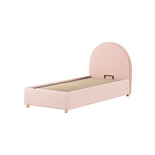VIPACK MOON Polsterbett 90x200cm mit Bettkasten in Rosa - Stylisches Polsterbett mit Bettkasten und Lattenrost, ideal für Stauraum und Schlafkomfort. Der weiche Bouclé-Stoff in Rosa sorgt für ein gemütliches Ambiente und passt perfekt in moderne Räume.