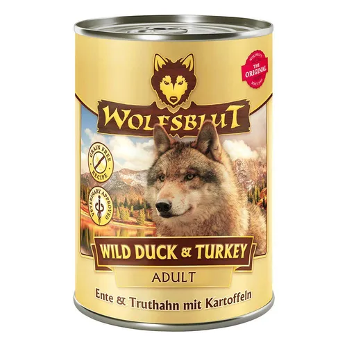 Wolfsblut Hunde-Nassfutter Wild Duck und Turkey Adult - Ente und Truthahn mit Kartoffeln, getreidefrei und reich an Superfoods für gesunde Hundeernährung