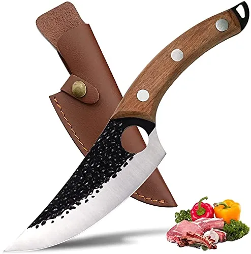 ZQD 6-Zoll Japanisches Kochmesser mit Lederhülle - Ausbeinmesser aus Kohlenstoffstahl, super scharf mit ergonomischem Holzgriff und tragbarer Lederscheide – ideal für Outdoor-Aktivitäten wie Jagen und Camping.