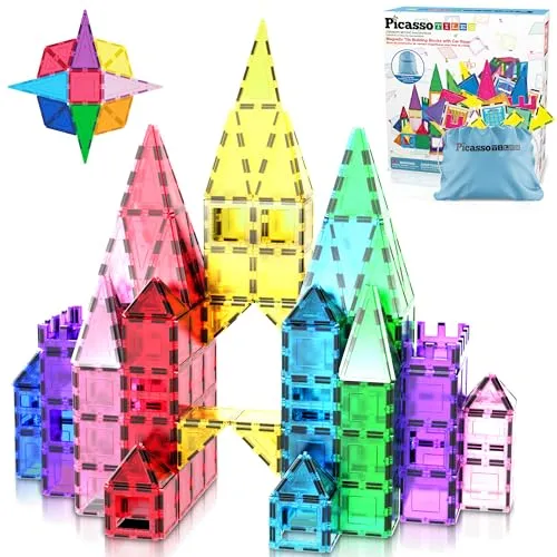 PicassoTiles Magnet-Bausteine ​​mit Auto-Basis, Aufbewahrungstasche mit Kordelzug, Reisetasche, Tragetasche, Magnet-Bausteine, Konstruktionsspielzeug, STEM-Lernset, Bildungsset 3+, PC61