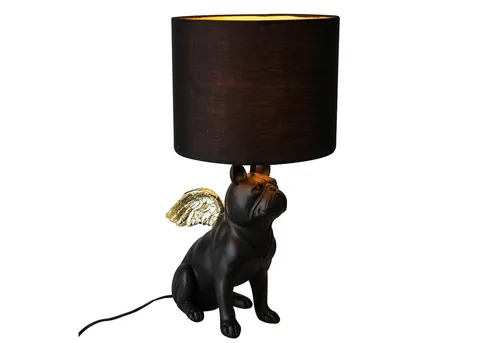 GILDE Tischleuchte Flying Bulli - schwarze Lampe mit goldenen Flügeln - Kreative Tischleuchte im Hundedesign, ideal für Tierliebhaber. Der Lampenschirm aus Textil und die glänzenden goldfarbenen Flügel sorgen für einen besonderen Blickfang in jedem Raum.
