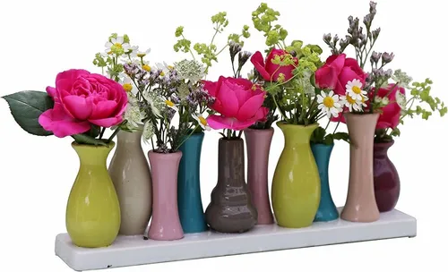 Jinfa Handgefertigte Dekovase - Set mit 10 bunten Keramik Vasen - Dekovasen Set aus handgefertigten Keramikvasen, verbunden auf einem Sockel. Ideal zur kreativen Gestaltung von Wohnräumen und besonderen Anlässen.