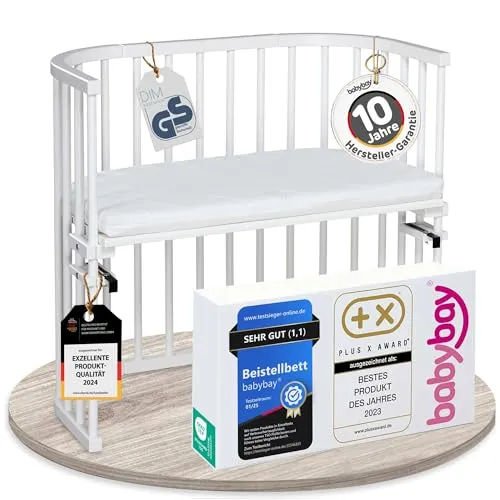 babybay Original Beistellbett aus massivem Buchenholz - Babybett mit stufenlos verstellbarer Höhe, umweltfreundlich und mitwachsend – verwandelt sich in Stubenwagen oder Hochstuhl für bis zu 7 Jahre Nutzung.