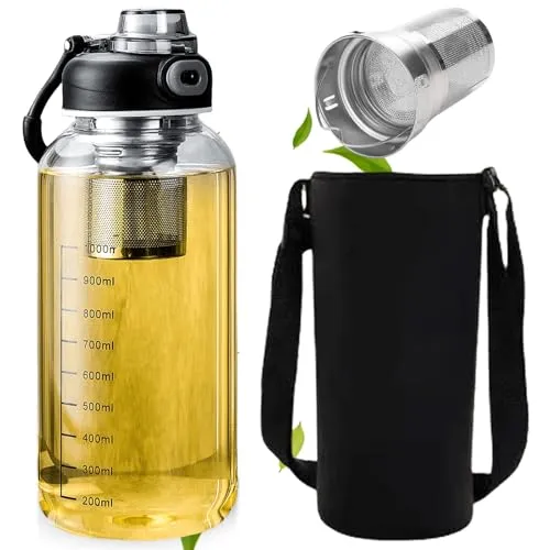 PORFOYO 1.5L Wasserflasche Glas Mit Sieb, Glastrinkflasche Mit Edelstahl Sieb, Teeflasche Mit Sieb, Trinkflasche Glas, Transparent Borosilicate Bottle Für Sport, Büro, Schule Outdoor