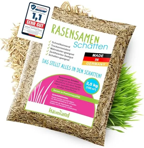 halmland® Rasensamen Schattenrasen schnellkeimend 2,5kg für 100m² - TEST SEHR GUT - Premiumrasen für Schattenbereiche - Grassamen trockenresistent Sommer - made in Germany - Schattenrasensamen