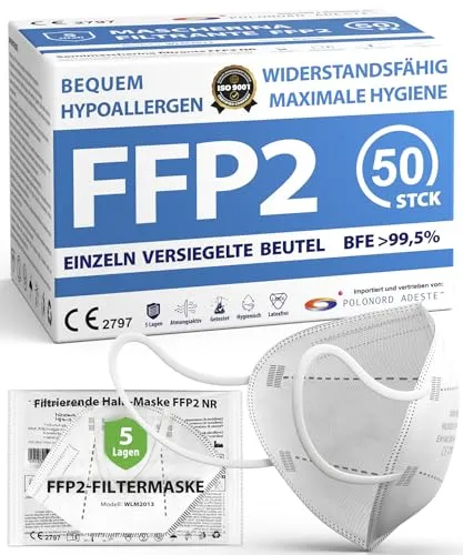 ADESTE - 50 FFP2 Masken, hygienische 5-lagige Staubschutzmaske, EN149:2001+A1:2009 Mundschutzmaske EU2016/425, weiß, Atemschutzmaske, Einzelne versiegelte Beutel