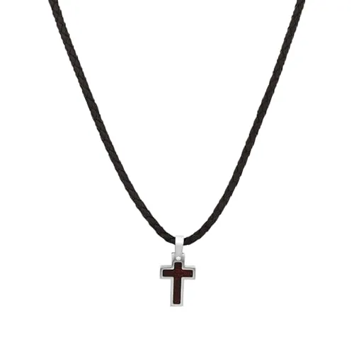 s.Oliver Kette mit Kreuzanhänger für Jungen - Lässige Kette aus echtem Leder mit hochwertigem Kreuzanhänger aus Edelstahl und Naturholz, ideal als Geschenk zur Kommunion oder zum Geburtstag. Längenverstellbar für optimalen Tragekomfort.
