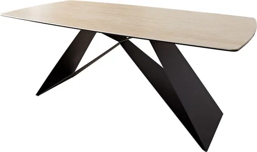 DELIFE Esstisch Edge, Boot Keramik Travertin Natur 200x100 V-Gestell Flachstahl Schwarz