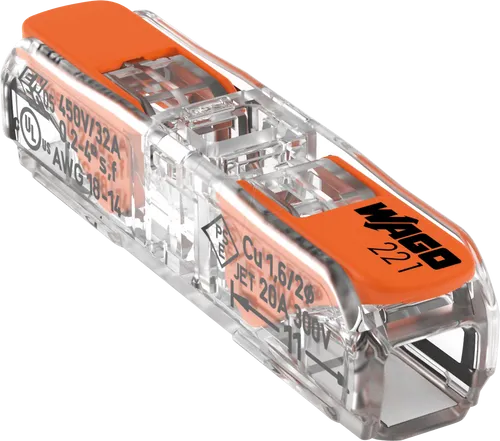 WAGO 221-2411 Durchgangsverbinder - max. 4 mm², 2 Leiter - Verbindungsklemmen für Leiter von 0,2 bis 4 mm², werkzeuglos dank Hebeltechnologie, ideal für beengte Installationsräume.