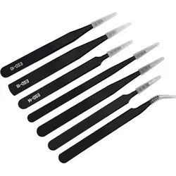 Antistatische Präzisionspinzette Set, 7 Stück aus Edelstahl - Set mit 7 antistatischen Pinzetten in verschiedenen Formen, ideal für elektronische Arbeiten und präzise Handhabung. Hergestellt aus hochwertigem Edelstahl für Langlebigkeit und Korrosionsbeständigkeit.