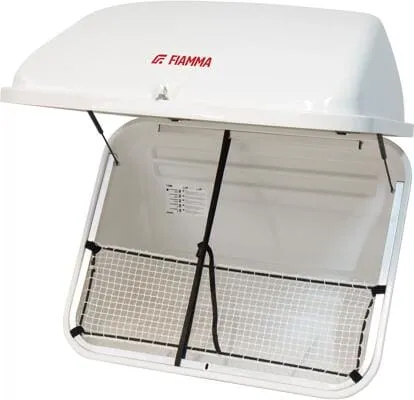 Fiamma Ultra Box 320 l - Hochwertige Gepäckbox aus hyperresistentem ABS, ideal für Kuppelzelte. Mit Edelstahlscharnieren und Netz für sicheren Transport von Gegenständen.