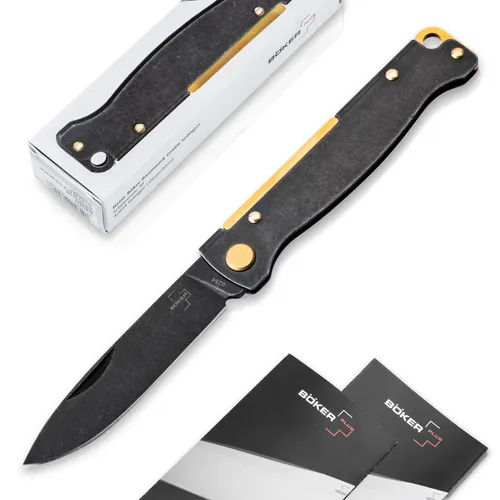 Böker Plus Atlas Black Stonewash Brass Taschenmesser - Taschenmesser mit ergonomischem Griff, rostbeständiger Klinge aus 12C27 und lebenslanger Garantie – ideal für den täglichen Gebrauch.