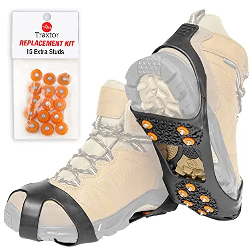 Traxtor Schuh Spikes Anti Rutsch - Winter Schuhe umrüsten für Sicherheit auf Eis und Schnee - SICHER UNTERWEGS IM WINTER: Unsere Traxtor Spikes bieten optimalen Halt auf glatten Oberflächen. Ideal für alle Schuharten und einfach anzubringen. Strapazierfähiges Material gewährleistet Langlebigkeit bis -40 °C. Perfekt für Damen, Herren und Kinder.