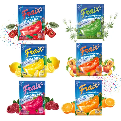 FRAIX Getränkepulver 6 Sorte Mixed (150er Pack x 100g) - Gesellschaftsspiele - Verwandle Wasser in erfrischende Fruchtsaftgetränke mit Fraix Instant Getränkepulver. Ideal für unterwegs und die ganze Familie, perfekt für jeden Anlass.