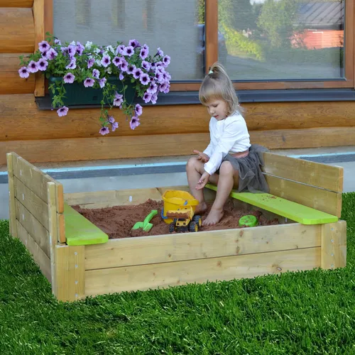 Wendi Toys Holz Sandkasten "Delux" mit Sitzflächen - Outdoor-Spielzeug: Abdeckbarer Sandkasten mit bequemen Sitzbänken - perfekt für kreative Spielstunden im Garten!