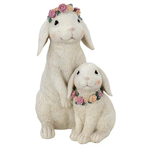 H.Bauer jun. große Deko Hasen Figuren Set Kunststein ca. 20 cm - sitzende Osterdeko Hasen Mama mit Kind mit Blumenkranz & Blumenkette& Fell-Optik - Polyresin Osterhasen Frühjahresdeko zum hinstellen