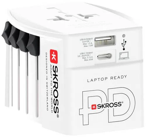 Skross 1302976 Reiseadapter MUV AC65PD - Steckdosen & Zubehör, vielseitiger Reiseadapter mit USB-C® und USB-A Ausgängen für schnelles Laden von Smartphones und Tablets weltweit.