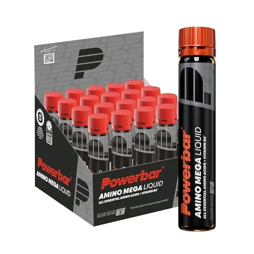 Powerbar Amino Mega Liquid - 20x25ml - Vitamin B6 - Verzweigtkettige Aminosäuren (BCAA) für optimalen Muskelaufbau, enthält alle 9 essentiellen Aminosäuren und unterstützt mit Vitamin B6 den Eiweiß- und Glycogenstoffwechsel.