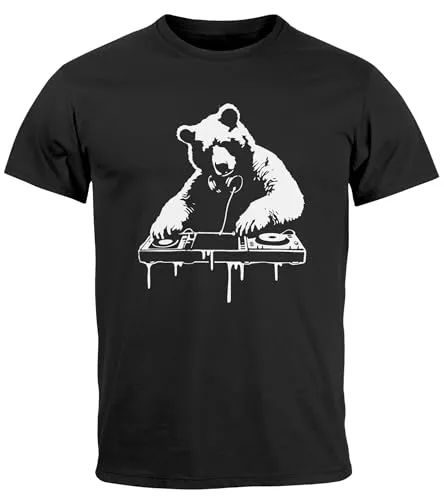 Neverless® Herren T-Shirt mit Aufdruck Panda DJ Techno Rave Festival Outfit Sommer Fashion Streetstyle schwarz XL