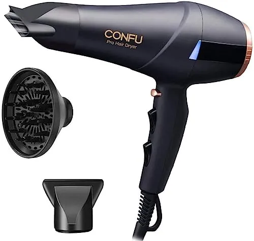 CONFU 2300W Profi Föhn mit Ionen Technologie - Leistungsstarker Haartrockner mit 2300W, 2 Geschwindigkeiten und 3 Heizstufen, ideal für dickes, lockiges Haar. Inklusive Diffusor und Stylingdüse für perfektes Styling und schnelles Trocknen.