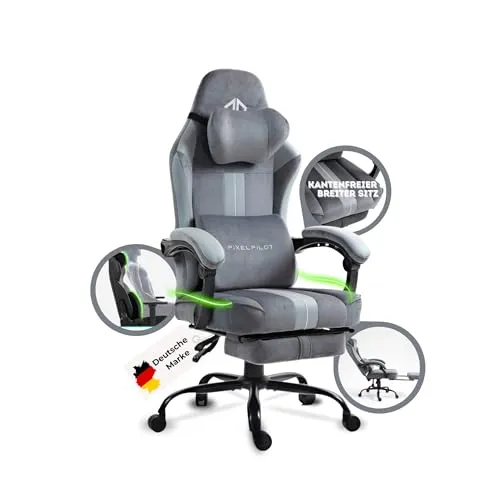 PixelPilot®Ergonomischer Gaming Stuhl [Atmungsaktiver Stoff] Gaming Chair mit Fußstütze, Kopf- und Lendenwirbelstütze, Gamer PC Stuhl breite Sitzfläche, Bürostuhl 150 kg Belastbarkeit (Nebula I, Grau)