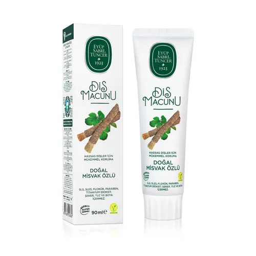 Misvak Zahnpasta Eyüp Sabri Tuncer 90ml – Türkische Naturzahnpasta ohne Fluorid - Fluoridfreie Zahnpasta mit natürlichen Inhaltsstoffen. Zuckersüß und erfrischend im Geschmack mit Pfefferminze. Ideal für empfindliche Zähne, 90 ml aus der Türkei.