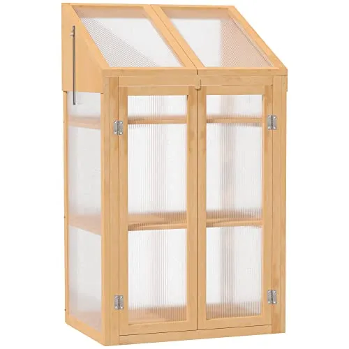Outsunny Frühbeet aus Holz, Mini Gewächshaus 70 x 50 x 120 cm, Treibhaus mit Abdeckung, Fenster, Doppeltür, lichtdurchlässig Frühbeetkasten mit 3 Regale, Winterfest Hochbeet für Garten, Balkon, Braun