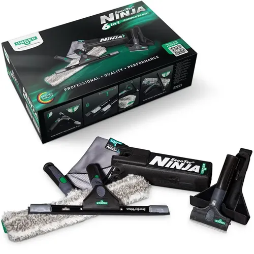 UNGER ErgoTec NINJA Fensterreinigungs-Komplett-Set 6in1 AKN14 - Fensterwischer & -abzieher, 6-in-1 Set für gründliche Reinigung ohne Streifen und müheloses Arbeiten.