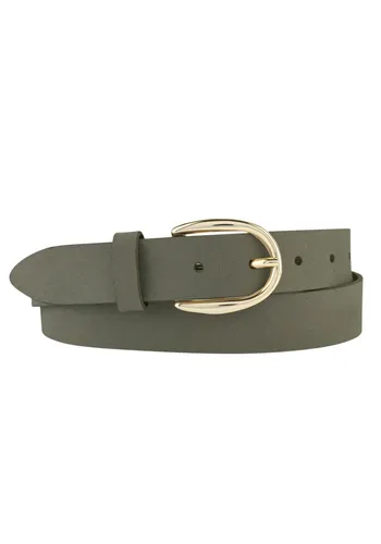 Olivgrüner Ledergürtel mit goldfarbener Schließe, Gr. 85 - Hochwertiger Gürtel von BERND GÖTZ, stufenlos verstellbar mit eleganter Einfachdornschließe. Ideal für Jeans oder Röcke, strapazierfähig und stilvoll.
