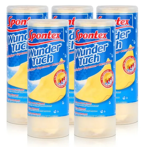 Spontex Wundertuch 5er Pack - Alleskönner für strahlende Sauberkeit - Reinigungstücher für Haushalt und Auto, nehmen bis zu 1.050% Wasser auf und hinterlassen keine Schlieren oder Fussel. Langlebig und effizient für alle Oberflächen.