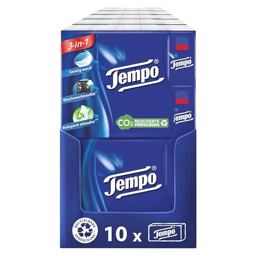 Tempo Original Taschentücher Megapack - 10 Packungen mit je 30 Päckchen - Taschentücher Mini: Extra starke, weiche und waschmaschinenfeste Papiertaschentücher mit 4 Lagen für optimale Weichheit und Stärke.