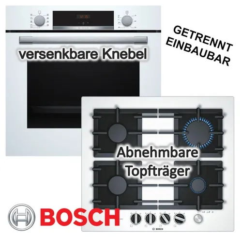 BOSCH HERDSET weiß: Einbauherd mit Gaskochfeld und Einhandzündung 60cm - Kombigerät mit 4 Herdplatten und 71L Backofen, ideal für effizientes Kochen mit Eco Clean und Kindersicherung. Perfekt für moderne Küchen!