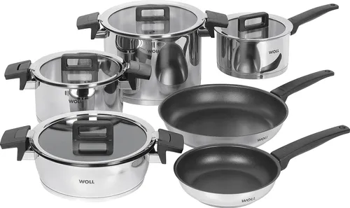Woll Concept 10tlg Topf- und Pfannenset - Kochtöpfe aus 18/10 Edelstahl, induktionsgeeignet und backofenfest bis 200°C. Mit sicheres Glasdeckel-Design für schonendes Kochen und einfaches Abgießen.