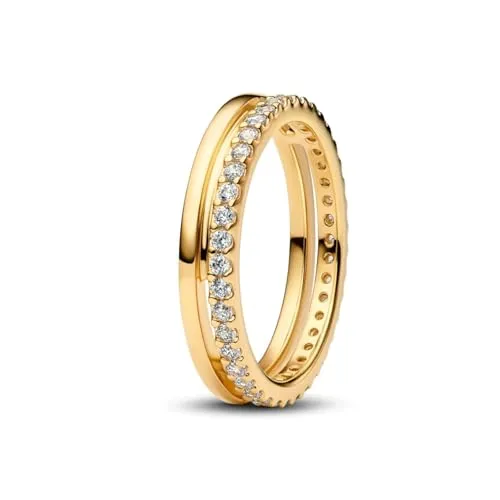 Pandora Fingerring Doppelband Goldfarben - Eleganter Fingerring in goldfarbenem Doppelband-Design, verziert mit funkelndem Zirkonia. Perfekt für besondere Anlässe oder als stilvolles Accessoire im Alltag.