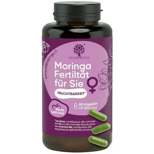 Red Moringa Kinderwunsch & Schwangerschaft Komplex – Moringa Kapseln mit Zink, B12 & B6 - Hochwertige Moringa Kapseln mit Zink für die Unterstützung der Fruchtbarkeit. Ideal zur täglichen Vitalitätssteigerung und in der Vorbereitung auf die Schwangerschaft. Vegan und ohne Gentechnik.