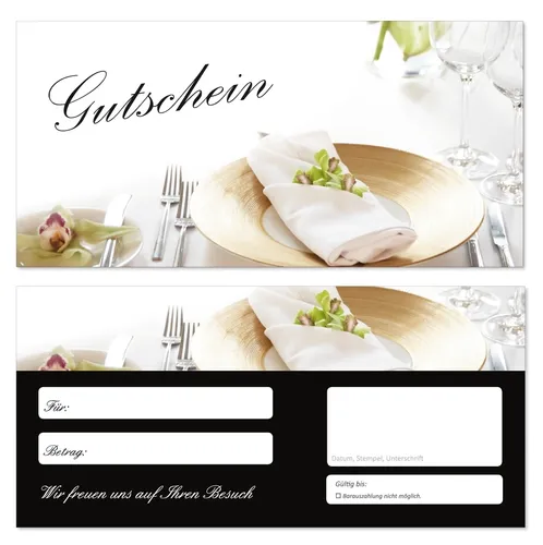 Geschenkgutscheine (Tischgedeck-685) für Gastronomie – 200 Euro - Hochwertige Gastronomie Gutscheine im DIN lang Format, perfekt für Geschenke. Mit Hochglanzlack veredelt und gut beschreibbar – ideal für Restaurants!