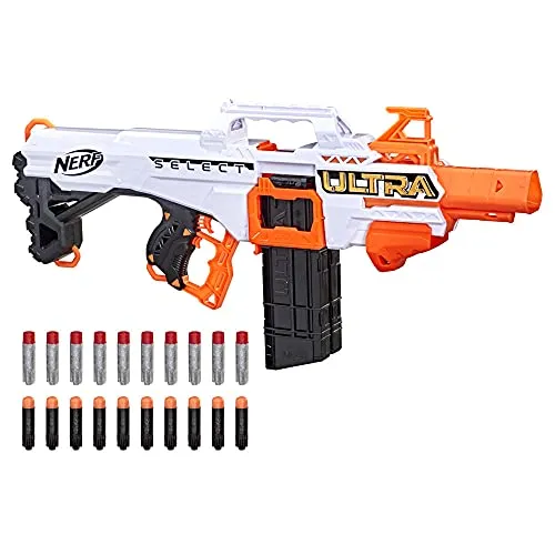 NERF Ultra Select Blaster - Spielzeug-Schaumstoff-Blaster mit 2 Clip-Magazinen für Distanz- und Präzisionsschüsse, vollmotorisierter Dart-Abschuss für schnelles Nachladen.