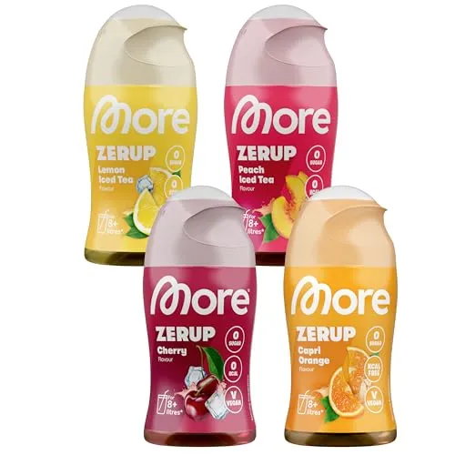 MORE Zerup 4er Bundle, 4 x 65 ml, zuckerfreier Sirup - Konzentrate mit echten Fruchtextrakten, ideal für bis zu 32 l Fertiggetränk, vegan und zero Kalorien – perfekt für zuckerfreie Erfrischungen unterwegs.