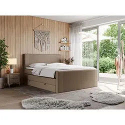 MKS Boxspringbett Doren, Braun, 200x200 cm, 2-Sitzer mit Stauraum - Stylisches Boxspringbett mit genähter Kopfstütze und zwei Stauraumbehältern. Genießen Sie höchsten Schlafkomfort dank der hochwertigen Bonell Federkern- und Multipocketmatratzen. Perfekt für Ihr Schlafzimmer!