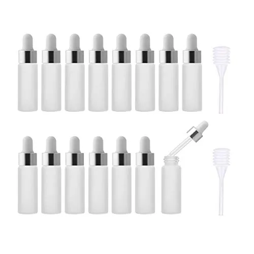 Enslz Leere Mini-Milchglas-Tropfflaschen für ätherische Öle, Nasenöl, wiederverwendbar, nachfüllbar, mit Metall-Schraubverschlussdeckel und Gummiballon, 5 ml, Silber, 15 Stück