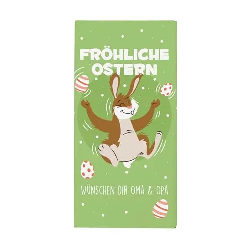 Herz & Heim® Personalisierte Osterschokolade – Fröhliche Ostern – Geschenk mit individuellem Wunschtext – Leckere Vollmilchschokolade mit Osterhasen-Motiv – Süße Osterüberraschung für Kinder & Familie