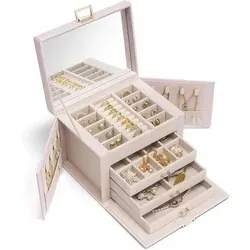 Vlando Schmuckkästchen Groß mit 4 Ebenen und Schubladen - Elegante Schmuckschatulle aus hochwertigem PU-Schaffellleder, ideal für die stilvolle Aufbewahrung Ihrer Schätze. Mit praktischem Spiegel und flexiblen Trennwänden für individuellen Platzbedarf.