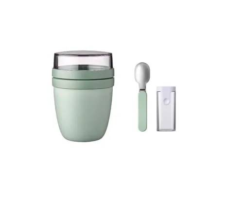 Mepal - Klapplöffel Set mit Lunchpot Mini Ellipse - Praktischer Joghurtbecher & Müslibecher - Unterteilung für Joghurt & Müsli - Geeignet für Gefrierschrank, Mikrowelle & Spülmaschine - Nordic Sage