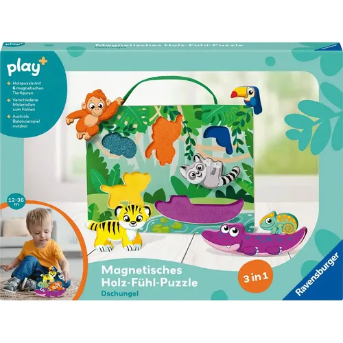 Ravensburger 4872 play+ Magnetisches Holz-Fühl-Puzzle Dschungel - 6 Puzzleteile, fördert Feinmotorik und bietet langanhaltenden Spielspaß für Kinder ab 1 Jahr