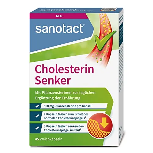 sanotact Cholesterin Senker (45 Weichkapseln) - Multivitaminpräparate & Mineralien - Natürliche Unterstützung zur Senkung des Cholesterinspiegels mit 1.500mg Pflanzensterinen pro Tagesdosis für ein gesundes Herz.