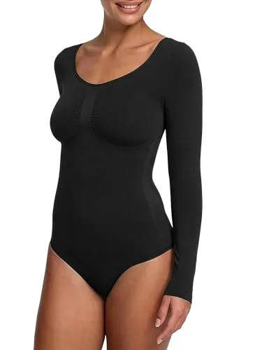 creamy fabrics Damen Shapewear Bodysuit mit Longsleeve – Nahtloser Body für perfekte Figurformung - Ideal für jeden Anlass: Der nahtlose Bodysuit mit starkem Halt für Bauch und Taille sorgt für eine elegante Silhouette. Praktischer Druckknopfverschluss und atmungsaktiver Zwickel bieten höchsten Komfort.