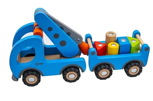 goki 55875 - Kranwagen mit Magnetanhänger - Lastwagen für Kinder, fördert spielerisch die Mechanik und Koordination, aus nachhaltigem Holz gefertigt und ideal für kleine Baumeister ab 3 Jahren.